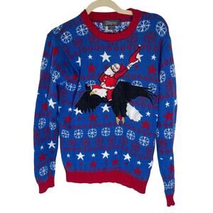 33 Degrees Unisex Blue Christmas Sweater Santa on an Eagle SMALL